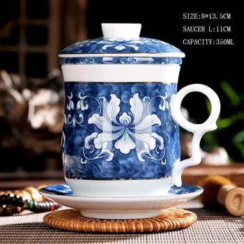 350ML Mėlynos ir Baltos spalvos Porceliano Derliaus Gėlių Raštas Keramikos Meistras Teacup su Filtro Dangtelį, Kinų Kung Fu Arbatos Puodelis Pieno Dovanos