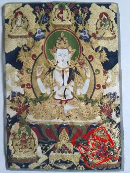 36 colių Tibeto Šilko siuvinėjimo Nepalas 4 rankos guanyin portretas Buda Tangka Thangka Paveikslų šeimos sieną puošia freskos