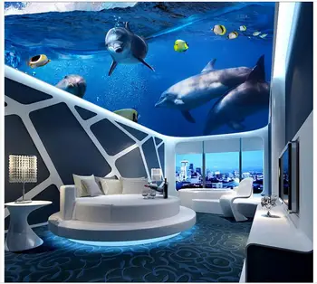 3d foto tapetai užsakymą 3d lubų tapetai freskomis Viduržemio jūros freskomis Povandeninio Pasaulio Delfinų, žuvų lubų freskomis dekoras