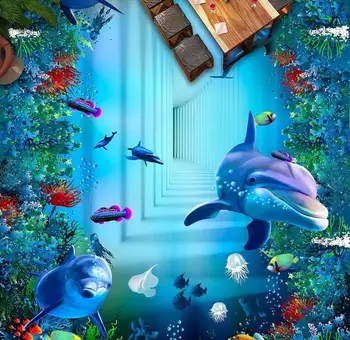 3D Grindys Jūros pasaulyje delfinų klijų Tapetai, 3D Grindų plytelės, Sienos Tapetai 3 D Foto Tapetai, Dekoratyviniai paveikslai