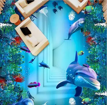 3D Grindys Jūros pasaulyje delfinų klijų Tapetai, 3D Grindų plytelės, Sienos Tapetai 3 D Foto Tapetai, Dekoratyviniai paveikslai