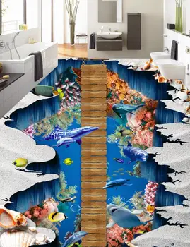 3D Grindų Plytelės Tiltas delfinų Vandeniui ekrano Užsklanda, Vonios kambarys pvc, atsparus Vandeniui Virtuvės 3D Grindų Freskomis Nuotraukų Spausdinimas