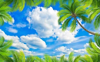 3d Lubų Freskomis Tapetai žali lapai, mėlynas dangus su baltais debesys tapetai sienos 3 d kambarį