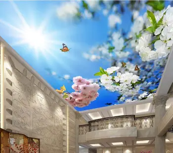 3D lubų plytelės mėlyna saulė ir gėlės užsakymą tapetai 3d lubų apdaila, sienų