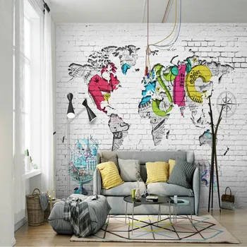 3D Modernus Sieninis Tapetai Pasaulio Žemėlapyje Plytų Sienos Fone Popieriaus vaiko Kambarys Šiaurės Grafiti Pasaulio Vizija Tapetai, Sienų