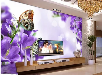 3d tapetai modernus gyvenamasis kambarys freskomis Violetinės gėlės Sienų Apdailai Freskos 3d tapetai