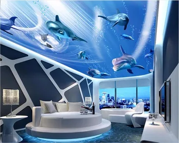 3d tapetai pasirinktinius nuotraukų povandeninio pasaulio delfinų lubų tapetai kambario dekoravimas, tapyba 3d sienų freskomis tapetai, 3d