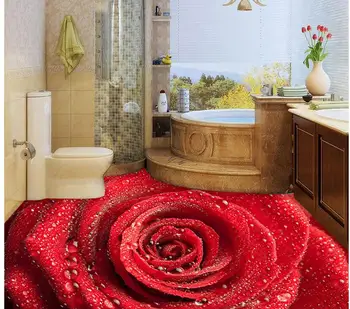 3d tapetai pvc Rasos Raudona Rožė Mados 3D tapetai, Grindų vonios vandeniui Namų Puošybai