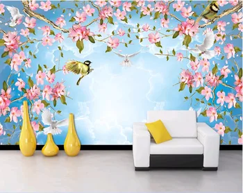 3d tapetai užsakymą freskos Gėlės ir paukščiai, dangus, debesys, tapyba, 3d sienų freskomis tapetų sienos, 3 d kambarį namų dekoro