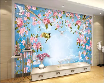 3d tapetai užsakymą freskos Gėlės ir paukščiai, dangus, debesys, tapyba, 3d sienų freskomis tapetų sienos, 3 d kambarį namų dekoro