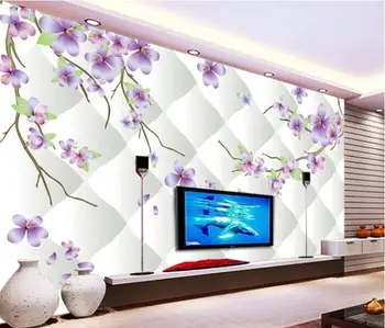 3d tapetai užsakymą freskos neaustinių 3d kambario tapetai 3 d TV nustatymas sienos violetinės gėlės freskomis photo 3d sienos freskos tapetai