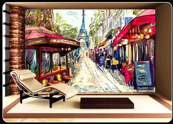 3d tapetai užsakymą freskos neaustinių TV nustatymas sienos trimatis drobės iš Paryžiaus gatvėmis freskos peizažas
