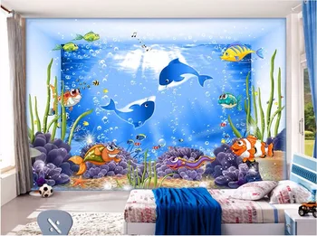 3d tapetai užsakymą freskos nuotrauka Jūrų animacinių filmų gyvūnų akvariumas kambarį apdailos dažymo 3d sienų freskomis tapetų sienų ir 3 d