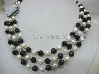 3rows gėlavandenių perlų balta apvalus juodasis akmuo ant kaklo 6-7mm 8mm 17-19inch didmeninė granulių