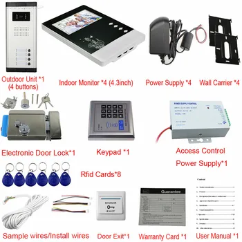 4 Butai Vaizdo durų telefonus, domofonas sistemų, 4 raktai, lauko blokas + Elektroninis užraktas + Prieigos Kontrolės ID Kortelės, Slaptažodžių Sistema