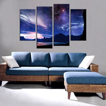 4 pieces / set HD Printed Snowy night sky aurora Painting on canvas room decoration print poster picture