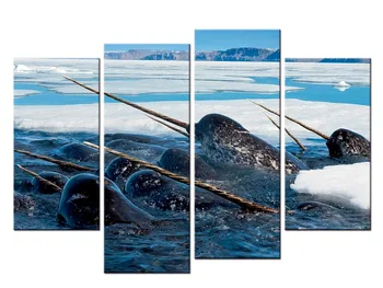 4 pieces / set Sea Life Narwhal canvas painting wall art poster print Pictures Living room home Decor wall hanging