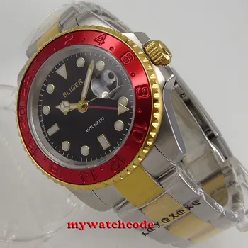 40mm bliger black dial safyro stiklas raudona bezel GMT data mechaninė mens watch