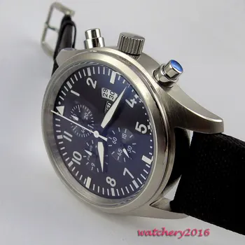 42mm parnis black dial vintage stiliaus šviesos kvarco chronograph judėjimas, vyriški žiūrėti