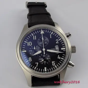 42mm parnis black dial vintage stiliaus šviesos kvarco chronograph judėjimas, vyriški žiūrėti