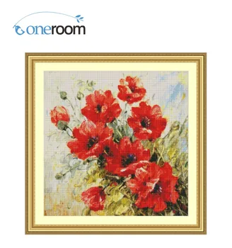 5-Oneroom 56-55 Raudonos Gėlės Skaičiuojami Kryželiu Animacinių filmų Kryželiu 14CT Kryželiu Rinkinys, Rankų darbo Siuvinėjimas Rankdarbiams