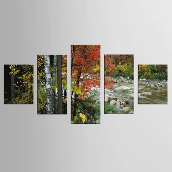 5 pieces Brand New Landscape Painting Prings On Canvas Autumn Red Maples Leaf Fell into the River Wall For Living Room