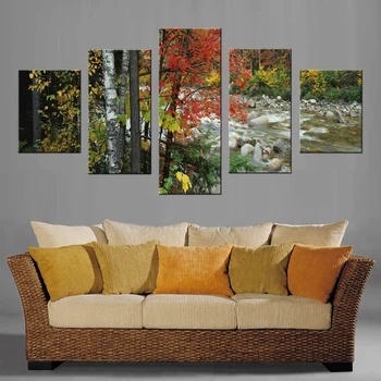 5 pieces Brand New Landscape Painting Prings On Canvas Autumn Red Maples Leaf Fell into the River Wall For Living Room