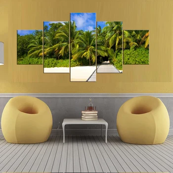 5 Pieces Coconut Tree Blue Sky And Beach Seascape Home Wall Decor Canvas Picture Art HD Print Painting On Canvas Artworks Frame