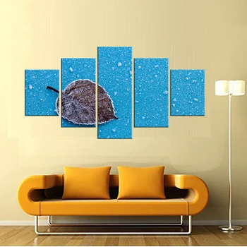 5 Pieces Minimalist Art Canvas Prints Frozen plant leaves Blue background on canvas Wall For Living Room Home Decor Framed