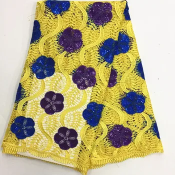 5 Y/vnt Gražios geltonos afrikos tirpsta vandenyje nėriniai su mėlyna ir violetinė blizgančiais gėlių prancūzijos laido nėrinių audinio suknelė BW109-6