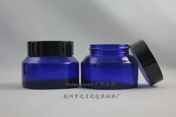 50g mėlyno stiklo grietinėlės indelį su juodo aliuminio dangteliu, 50g kosmetikos indelį,pakavimo kaukė arba paakių kremas,50g stiklo butelis
