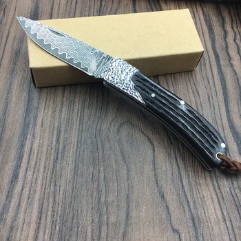 59HRC rankų darbo Damasko plieno lankstymo peilis Ebony rankena peilis Nešiojamų lauko kempingas peiliukas Naudingumas