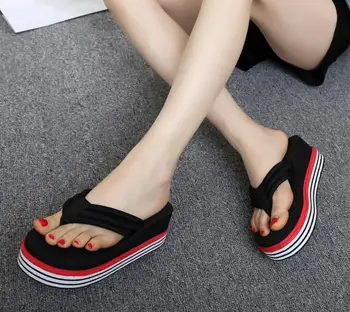 6.5 cm flip flop pleištai kulniukai vasaros sandalai, šlepetės moteris batai moterims, merginos, paplūdimys, batų šviesos apačioje platforma rankų darbo balti