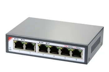 6-Port Gigabit PoE Switch su 4 Gigabit PoE Ports (IEEE802.3at) ir 2 Gigabit uplink
