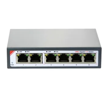 6-Port Gigabit PoE Switch su 4 Gigabit PoE Ports (IEEE802.3at) ir 2 Gigabit uplink