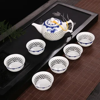 7PCS Nustatyti Išskirtinį Korio Dizaino Kung Fu Arbatos Rinkinys Keramikos Mėlynos ir Baltos spalvos Porceliano kavinukas 1*Arbatinukas + 6*patys puodeliai Dovanų Dėžutėje
