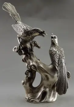 9.25 colių / Išskirtinį Kinijos senoji Tibeto sidabro laimingas statula - magpies stovi ant slyvų žiedų
