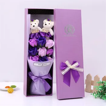 9 rožių muilas gėlių + lokys puokštė dovanų dėžutėje gimtadienis, Valentino Diena romantiška muilo gėlių high-end dovanų dėžutėje