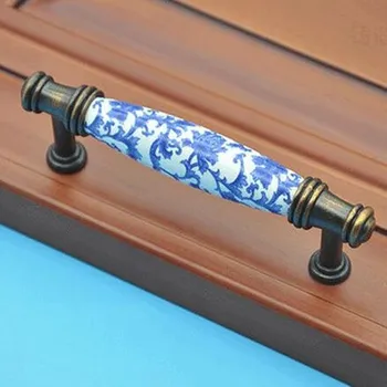 96mm balta ir mėlyna porceliano mados senovinių baldų rankenėlės bronzos virtuvės spintelių stalčių odininkas duris išsitraukia