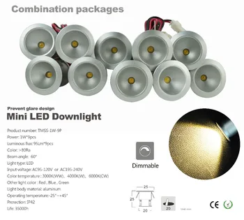 9pcs Pigiausia 1W led Kabinetas Šviesos lempos idealiai tinka stalčių ar baldų downlight 60/120 laipsnių atitinka CE vairuotojo 25mm pjovimo