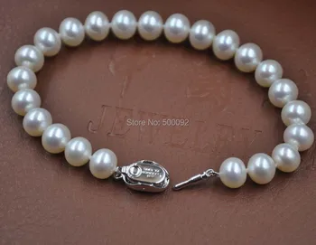 AAA Nuostabiu 7.5-8mm baltos spalvos gėlavandenių perlų apyrankės užsegimas s925