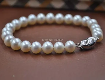 AAA Nuostabiu 7.5-8mm baltos spalvos gėlavandenių perlų apyrankės užsegimas s925