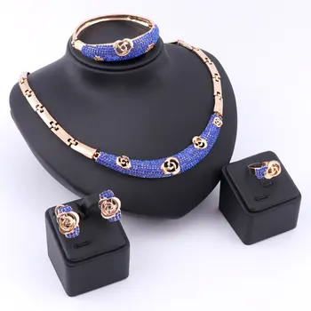 Afrikos Karoliukai Papuošalų Rinkinys Moterims Mėlyna Austrian Crystal Aukso Spalvos Mados Afrikos Dubajus Karoliai Baudos Juvelyrikos Rinkiniai