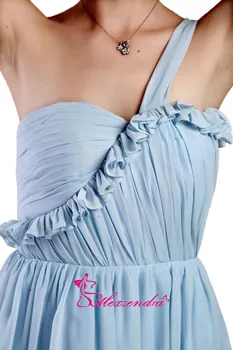 Alexzendra-Line Šifono Kelio Ilgis Šviesiai Mėlyna Bridesmaid Dresses Vieną Petį Klostes Trumpas Prom Chalatai