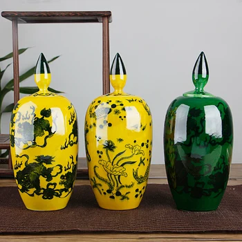 Antikvariniai Jade Kylin Žalia Glazūra Jar Bakas Geltona Vaza, Gėlės Skrybėlių, kuriems Imbieras Stiklainius Ornamentu Kūrybos Dovana