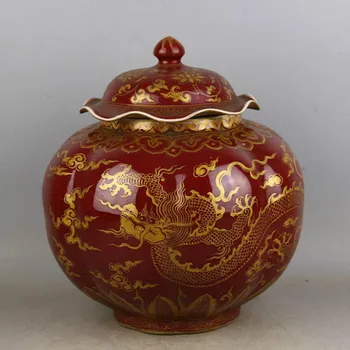 Antikvariniai Jingdezhen Rankų Darbo Porceliano Vaza Aukojimo Raudona Glazūra Aukso Drakonas Keramikos Meno Gar