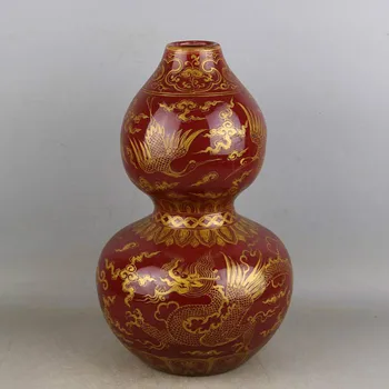 Antikvariniai Jingdezhen Rankų Darbo Porceliano Vaza Aukojimo Raudona Glazūra Aukso Drakonas Keramikos Meno Vaza