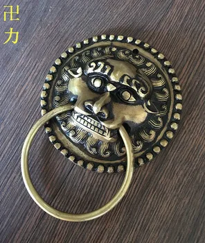Antikvariniai liūto galva rankena durų rankena Kinijos kylin žvėries Galvą Knocker geltonos bronzos skersmuo 10.5 cm