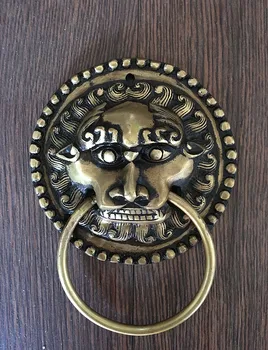 Antikvariniai liūto galva rankena durų rankena Kinijos kylin žvėries Galvą Knocker geltonos bronzos skersmuo 10.5 cm