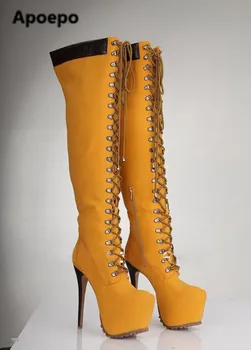Apoepo prekės geltona batai moterims, žiemą per kelius siekiantys batai kirsti-susieta gladiatorių jojimo batai aukštakulniai platformos batai ponios